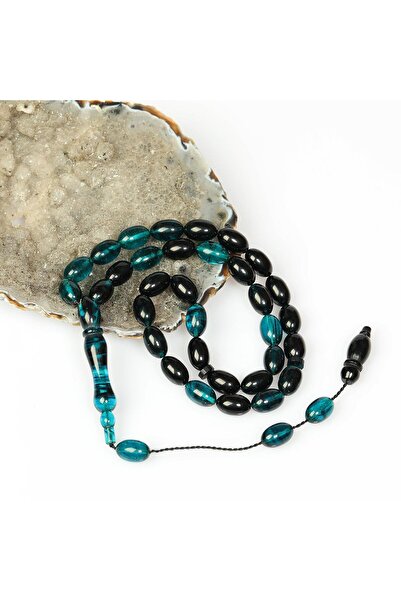 Taş Sandığı Turquoise-Black Crimped Amber Prayer Beads (7×11 mm)