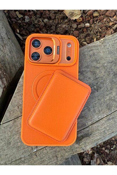 madamcase İPHONE 17 PRO TURUNCU RENK DERİ STANDLI M-SAFE ÖZELİKLİ KILIF VE M-...