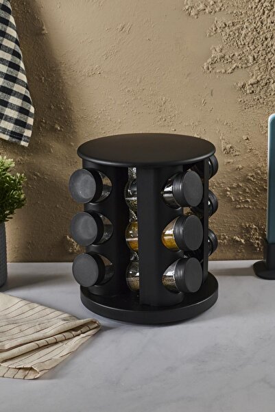 ozbience Siyah Döner Standlı Yuvarlak Cam Baharatlık Seti 12'li