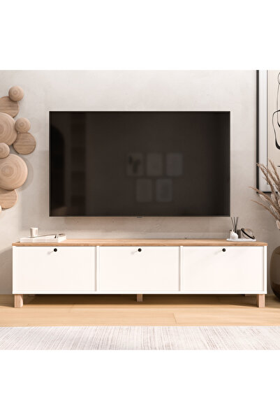 Yurudesign Nord Tv Ünitesi Sehpası 3 Kapaklı Ahşap Ayaklı 180cm Sepet-Beyaz N...