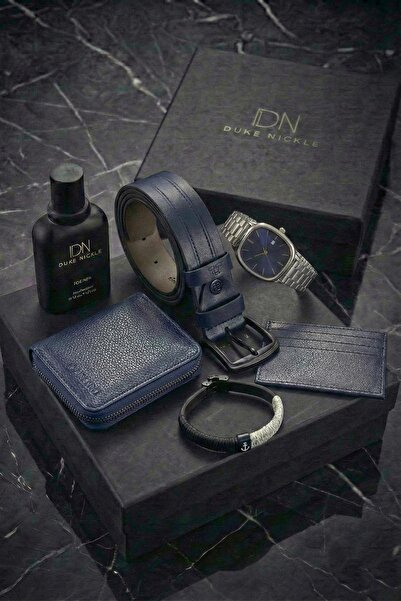 Duke Nickle Erkek Gümüş Kol Saati Lacivert Kemer Cüzdan Kartlık Parfüm Bilekl...