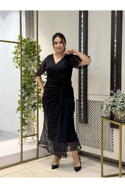 live forever Büyük Beden Kruvaze Yaka Dantel Abiye Elbise