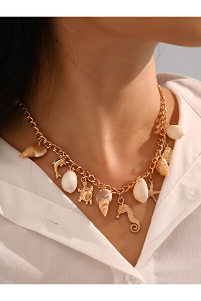 Take Two By Styli Gold Charm Necklace with Seashell Pendants