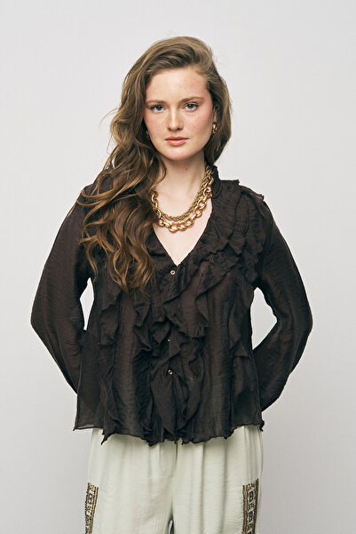 Orfeo Negro Women's Pastel Chiffon Silky Shirt with Flounce Detail