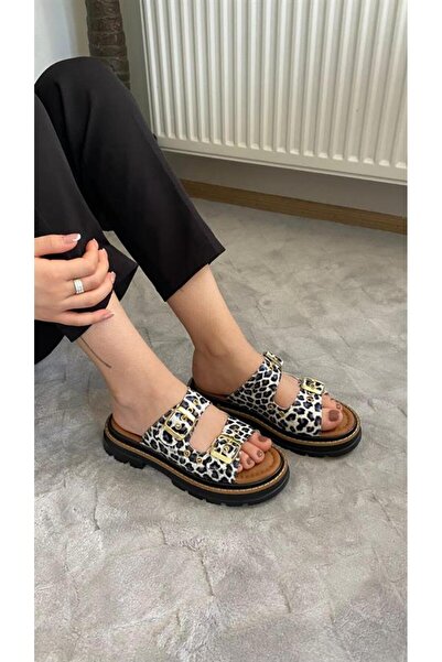 Difolia Women's Firida White Leopard Double Banded Capsule Detailed Thick Sol...