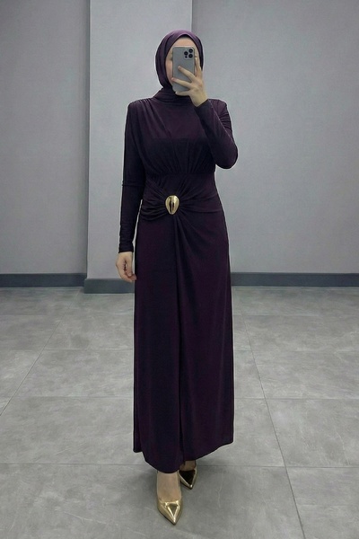 InStyle Μωβ Φόρεμα με Λεπτομέρεια Καρφίτσας και Σούρες, Απόχρωση Άμμου