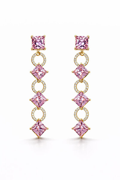 Leo'Stone Xuping Özel Tasarım Çelik Pembe Kare Zirkon Taşlı Küpe