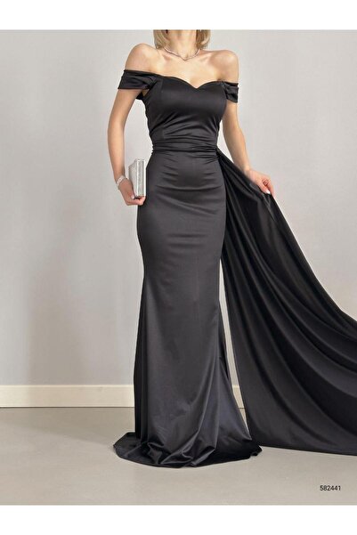 Modafeminen Satin Fabric Off-Shoulder Maxi Dress 582441 Black
