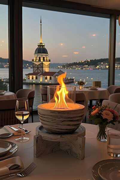 betonmall Standlı Siyah Beyaz Mermer Desenli Beton Masaüstü Şömine | Modern &...