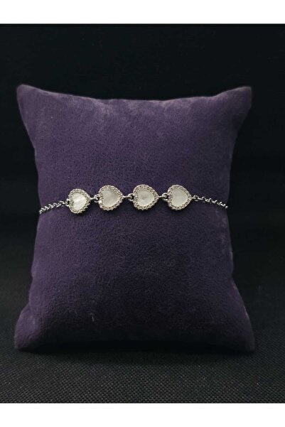 sarıyer silver Heart Natural Stone Steel Bracelet Zircon Stone Inlaid Pearles...