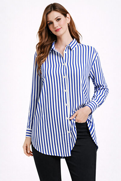 Nuevo Cămașă cu mânecă lungă și dungi albastre și albe, cu nasturi, mărime su...