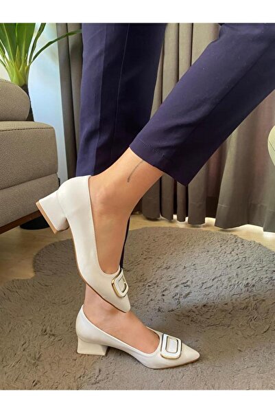 Difolia Women's White Leather Buckle Stiletto Low Heel Evening Dress Shoes