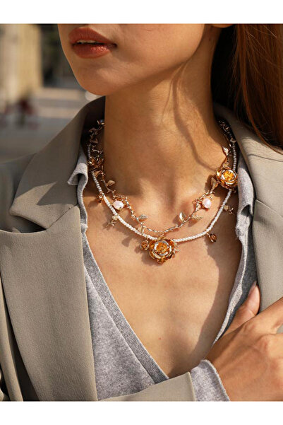 Take Two By Styli Pack of 2 - Faux Pearl Rose Pendant Necklace