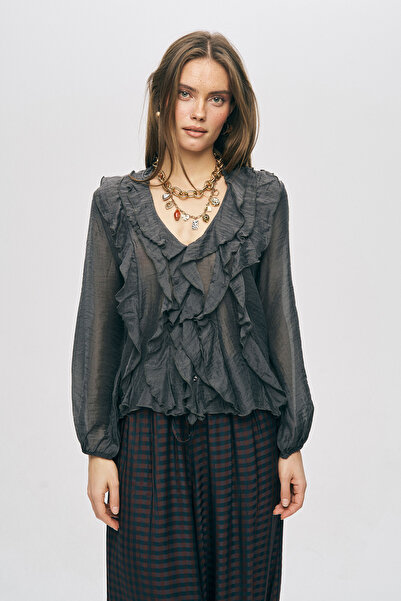 Orfeo Negro Women's Pastel Chiffon Silky Shirt with Flounce Detail