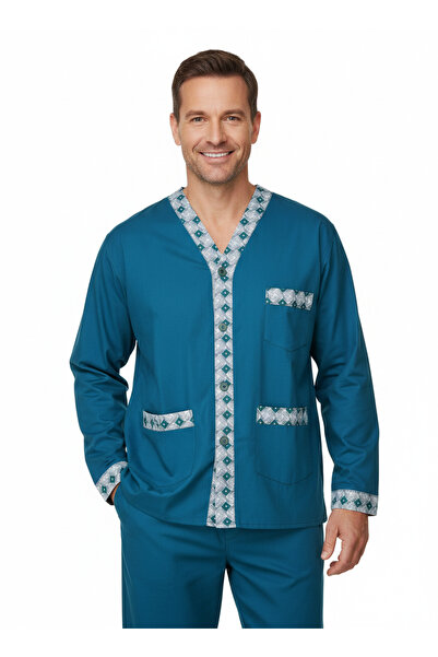 Oppland Men's Pajama Set 100% Cotton Fabric Star Model with Pockets Comfortab...