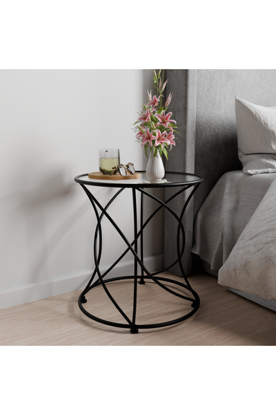 Catchme DNA Tasarım Siyah Metal Yan Sehpa - Cam Tablalı & Dekoratif