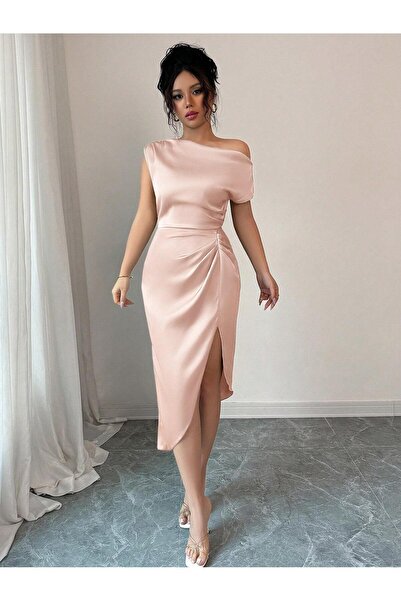 Afri Pink Powder Satin One-Shoulder Draped Midi Length Evening Dress - Slit F...