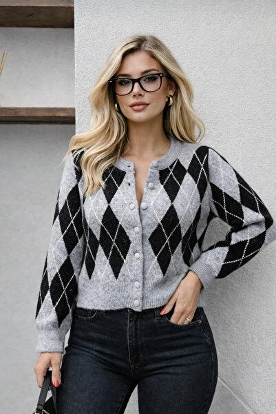 bb butik basic Alya Baklava Patterned Cardigan M3140