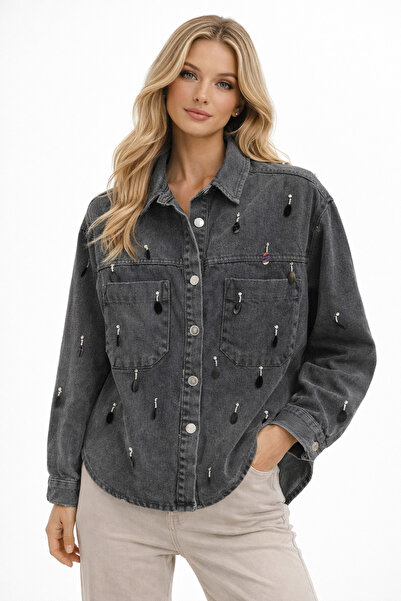 Butik Ayseba سترة نسائية من الدنيم مطرزة بالترتر والأحجار