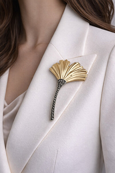 Modex Taş Detay Altın Yaprak Özel Tasarım Broş (10cm)