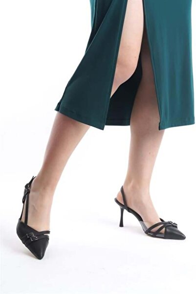 Difolia Women's Black Leather 9 cm Thin Heeled Pointed Toe Open Side Stiletto