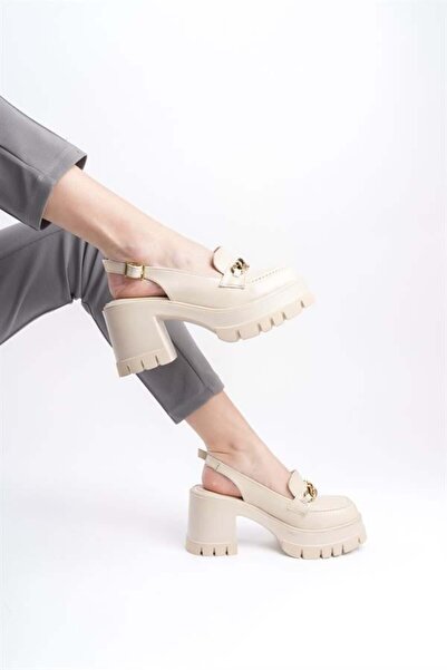 Difolia Pantofi cu platformă și toc de 8 cm, Bianca, piele crem, cu spatele d...
