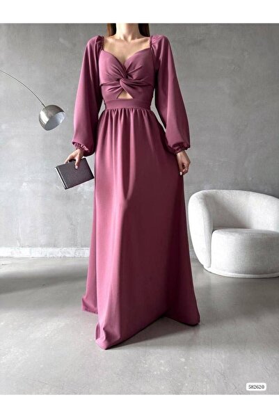 Modafeminen Dried Rose Knot Detailed Long Evening Dress 582620