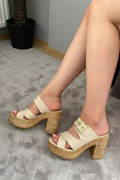 Difolia Women's Cream Skin 10 cm Platform Heeled Cork Sole Slippers K-800