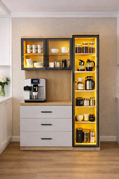 Setay Vitrinli Ünite, Liveo Kahve Köşesi + Çok Amaçlı Raflı Tek Kapaklı Dolap