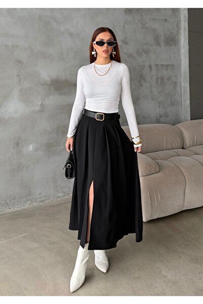 BEJNA Fusta țesută plisată maxi cu curea pentru femei