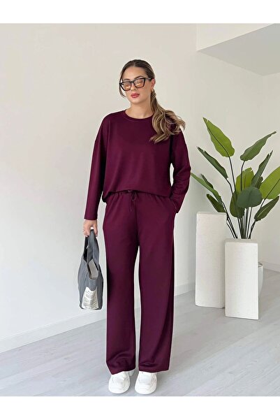 MEBA Women's Modal Fabric Crew Neck Top and Bottom Set Burgundy