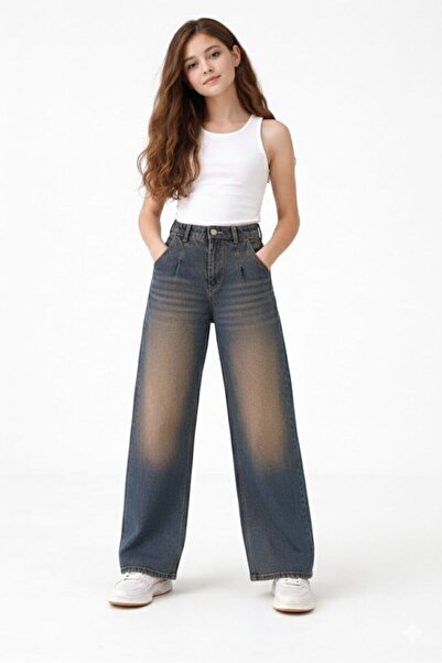 nd jeans Pantaloni de blugi vintage Y2K cu efect decolorat, largi, pentru fet...