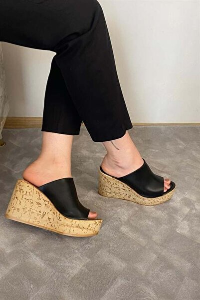 Difolia Papuci de damă cu talpă din plută cu talpă căptușită cu piele neagră ...