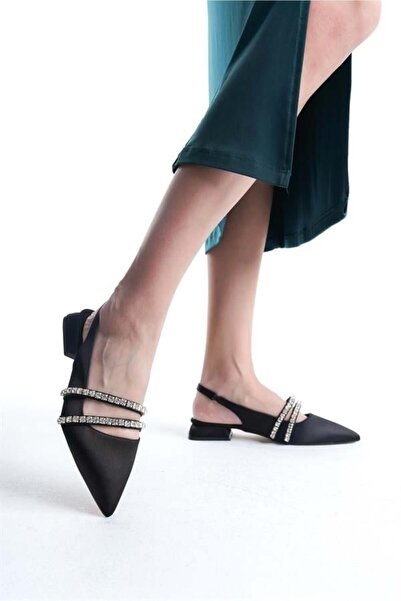 Difolia Women's Black Satin Two Rows of Stones Open Back 2 cm Heeled Pointed ...