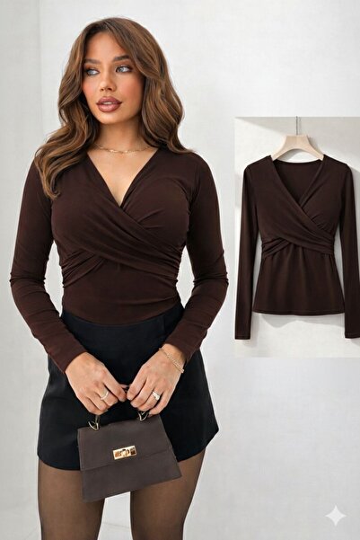 peri tower New Product Women's Front Cross Detail V-Neck Sandy Fabric Long Sl...