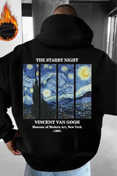 NO 601 Men's Black Back Van Gogh Printed Hooded Sweatshirt