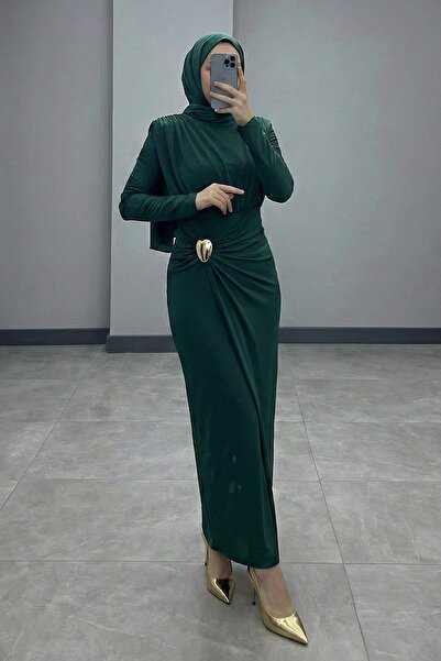 InStyle Rochie verde smarald cu detalii broșate și șnururi