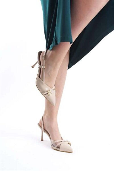 Difolia Women's Cream Skin Color 9 cm Thin Heeled Pointed Toe Open Side Stiletto