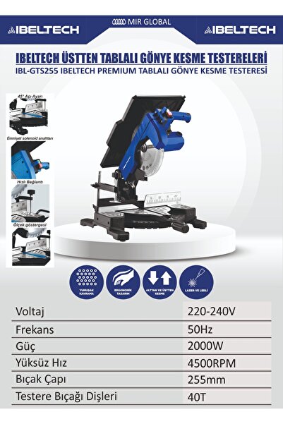 İBELTECH Profesyonel Üstten Tablalı 255MM Gönye Kesme Testeresi