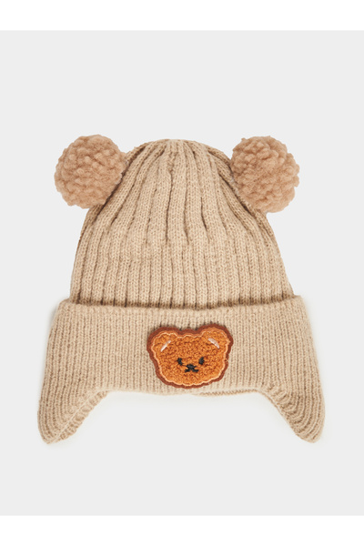 Styli Bear Knitted Earflap With Pompom Beanie Hat