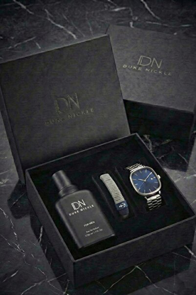 Duke Nickle Erkek Gümüş Kordon Lacivert Kadran Kol Saati Bileklik Parfüm Hedi...