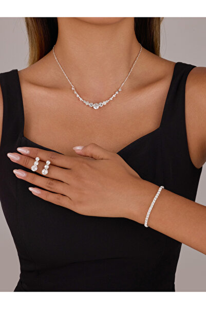 Take Two By Styli Pack of 3 - Silver Embellished Necklace with Bracelet and E...