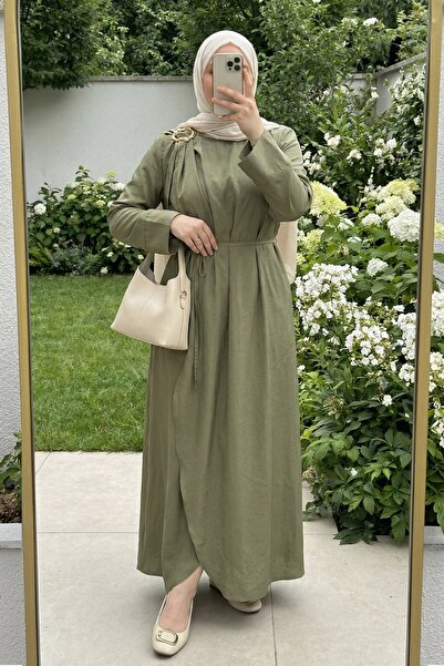 InStyle Φόρεμα Modal Χακί με καρφίτσα στον ώμο και ζώνη στη μέση