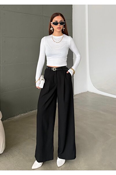 BEJNA Pantaloni largi plisați cu curea pentru femei