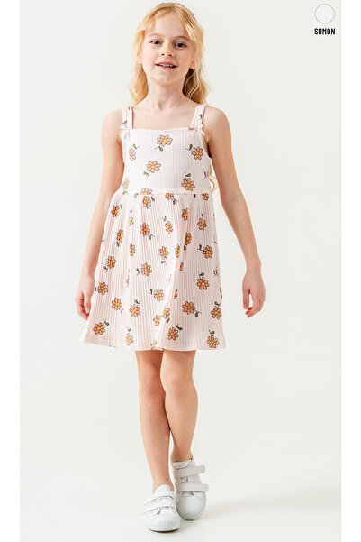 Smile Kids Strappy Floral Patterned Ribbed Girls' Dress – Beige