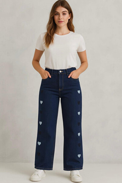 Swana Pantaloni de damă din denim largi, brodați cu inimioare - Albastru închis