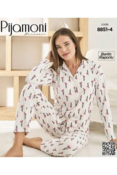 Pijamoni Berlin Raporlu Çiçek Desenli Önden Düğmeli Pijama Takımı