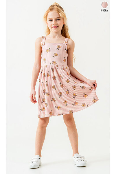 Smile Kids Strappy Floral Patterned Ribbed Girls' Dress – Beige