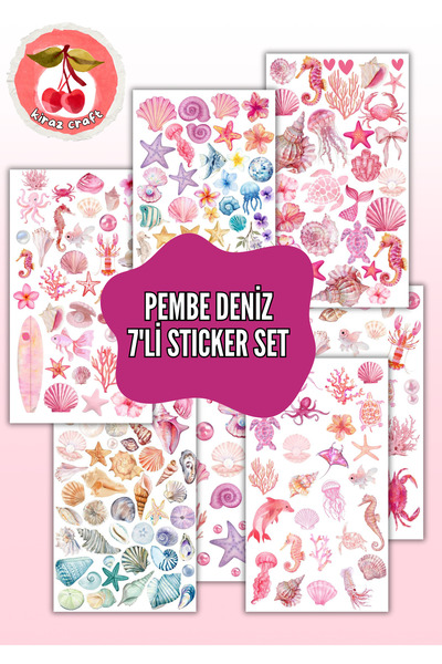 Kiraz Craft Pembe Deniz Temalı 7’li Sticker Set – Deniz Kızı, Deniz Kabukları...