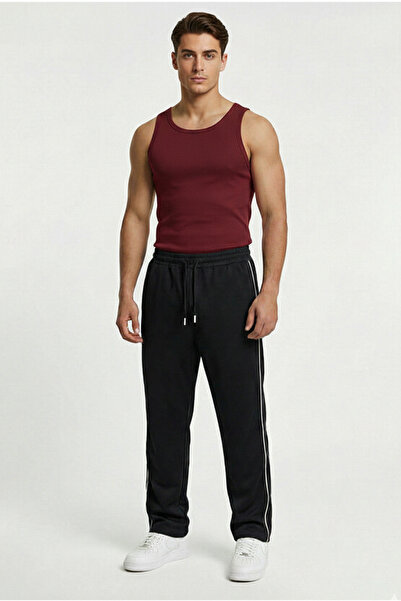 OXVİN بنطلون رياضي فضفاض بخصر مسطح وواسع الساقين، مصنوع من خيطين، متوسط السما...